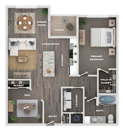 A floor plan of a house with a dining room, living room, kitchen, bathroom, and other rooms.