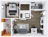 A modern, minimalist apartment with a kitchen, living room, and bedroom.