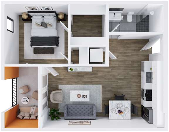 A modern, minimalist apartment with a kitchen, living room, and bedroom.