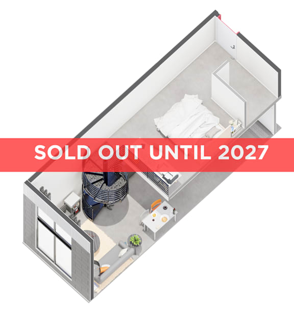 Floor Plan  A 3D floor plan of a house with a red banner across the top that says