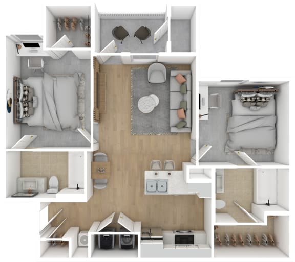 Floor Plan  2 Bed 2 Bath Floor Plan | 931 Sq. Ft. at The Azul Apartment Homes in Oxford, Mississippi