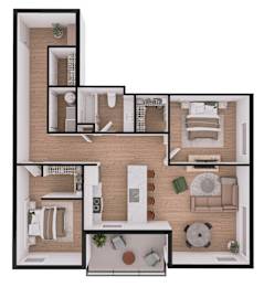 A floor plan of a house with a kitchen, living room, and bedrooms.