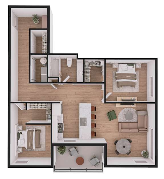 A floor plan of a house with a kitchen, living room, and bedrooms.