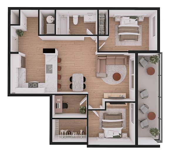 A floor plan of a house with a kitchen, living room, and two bedrooms.