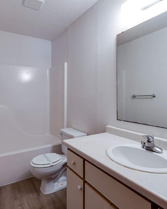 the preserve at ballantyne commons apartment bathroom with sink toilet and shower at Autumn Hills Apartments, Forest Lake, MN, 55025