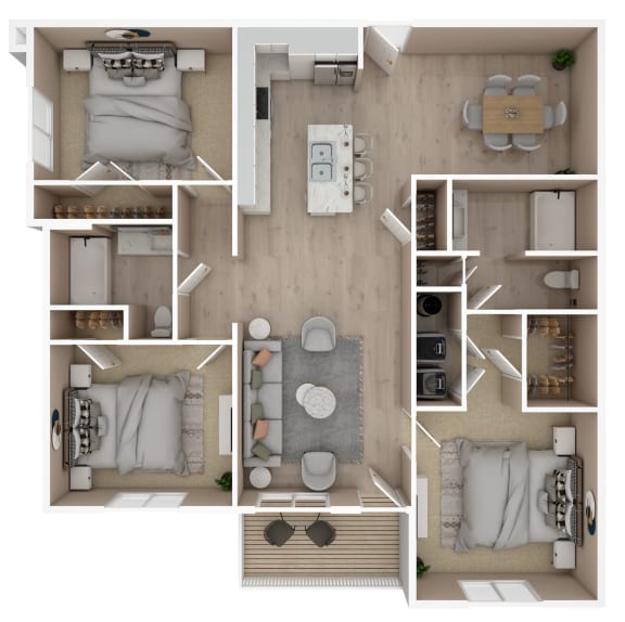 Floor Plan  3 Bed 2 Bath Floor Plan | 1,324 Sq. Ft.  at The Met Apartment Homes, Hattiesburg, MS, 39402
