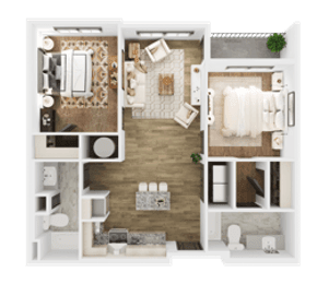 a 3d rendering of a furnished floor plan with bedroom and living room