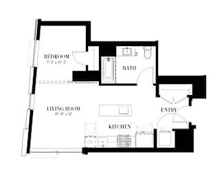 A black and white image of a floor plan for a unit at 606 Sq. Ft.