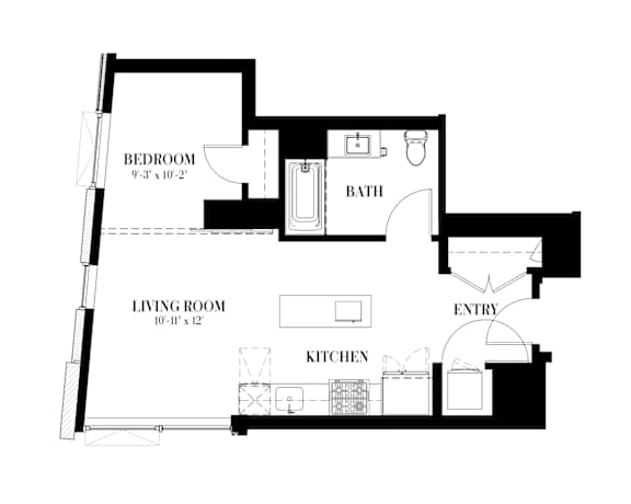 A black and white image of a floor plan for a unit at 606 Sq. Ft.