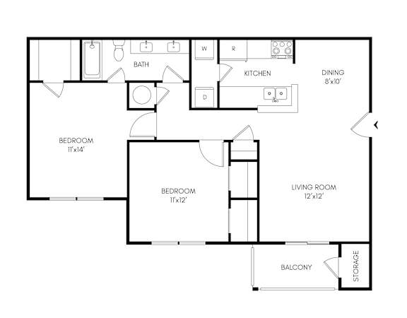 A floor plan of a house with a living room, two bedrooms, a kitchen, a dining room, a bathroom, a balcony, and a storage area.