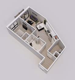 A 3D model of a house with various rooms and furniture.