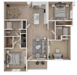 2 Bed 2 Bath Floor Plan | 1,249 Sq. Ft.  at The Met Apartment Homes, Mississippi 39402