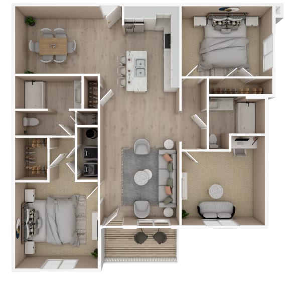 2 Bed 2 Bath Floor Plan | 1,249 Sq. Ft.  at The Met Apartment Homes, Mississippi 39402