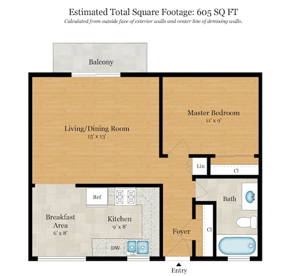 A floor plan of a house with a total estimated square footage of 905.