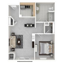 3d floor plan of the 1 bed 1 bath apartment for rent at Riley Court in Bountiful, Utah