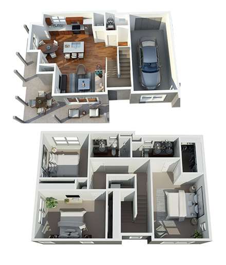 A top and bottom floor plan of a house with a car parked in the garage.