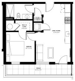 1 bed 1 bath floor plan E at Glassworks, Philadelphia, PA, 19122