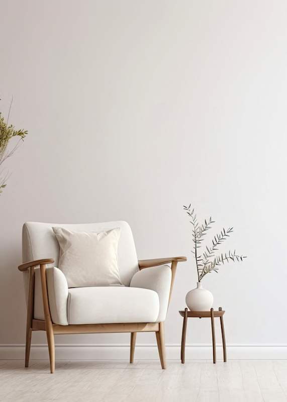 a living room with a white chair and a plant