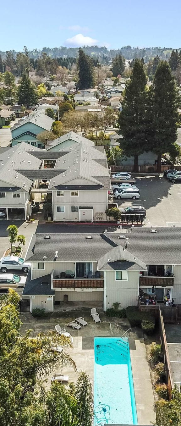 Aerial view of apartments and pool