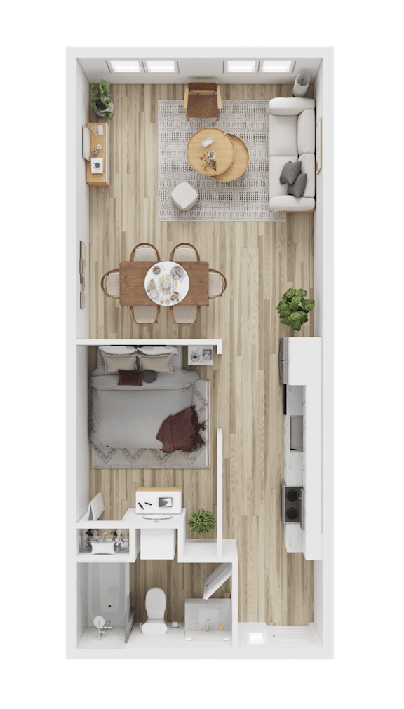 A top-down view of an apartment with a kitchen, living room, and bedroom at Columbia City Apartments