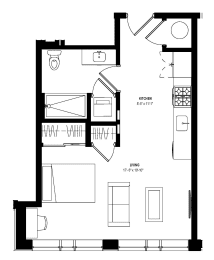 Studio 1 bath floor plan D at Glassworks, Philadelphia