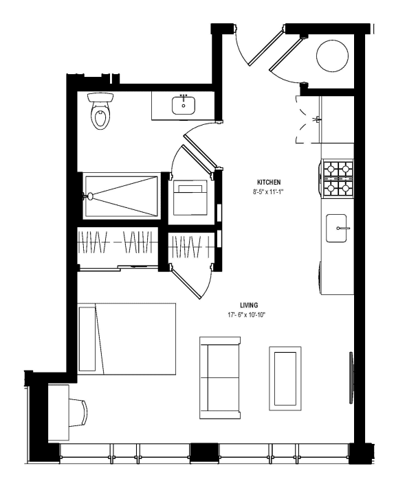 Studio 1 bath floor plan D at Glassworks, Philadelphia