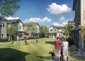 Thumbnail 8 of 11 - A family is walking their dog in a park in front of a row of houses.