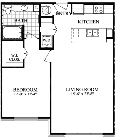 A floor plan for a unit with a bedroom, bathroom, and living room.