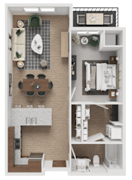 A top-down view of a small apartment layout with a kitchen, living room, and bathroom.