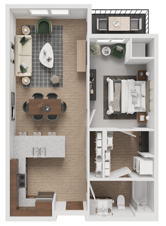 A top-down view of a small apartment layout with a kitchen, living room, and bathroom.