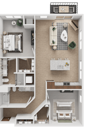 A detailed floor plan of a small apartment with a kitchen, living room, and bathroom.