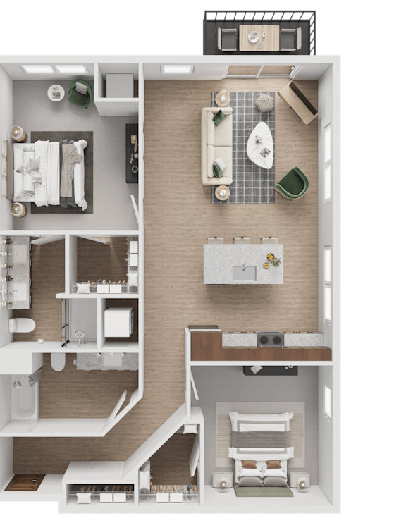 A detailed floor plan of a small apartment with a kitchen, living room, and bathroom.