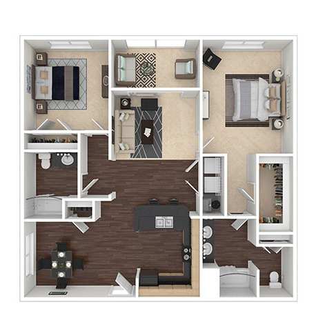 A detailed 3D floor plan of a house layout.