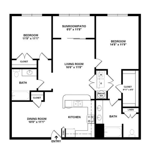 A black and white image of a floor plan for a home with a living room, dining room, kitchen, two bedrooms, two bathrooms, and a sunroom.