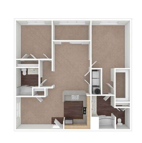 A floor plan of a small apartment with a kitchen, living room, and two bedrooms.