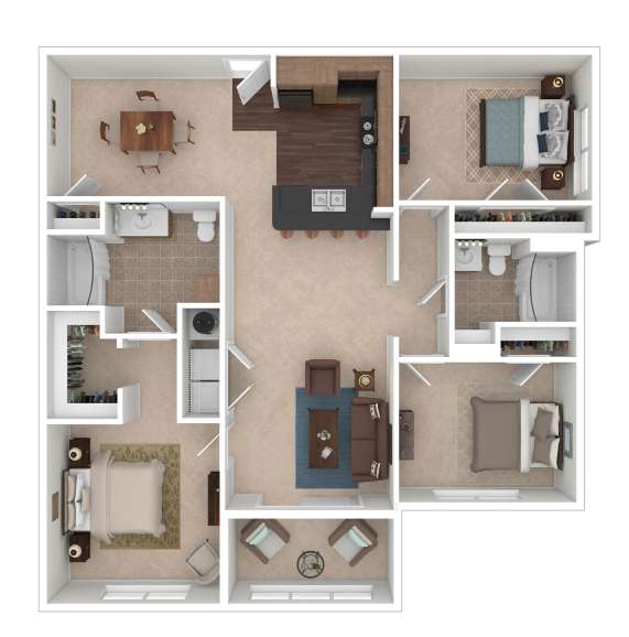A floor plan of a house with a kitchen, living room, dining room, and bathrooms.