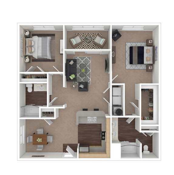 A floor plan of a house with a kitchen, living room, dining room, and two bedrooms.
