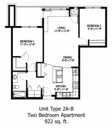 Two Bedroom floor plan at The Bluffs at Nine Mile Creek, Eden Prairie, MN