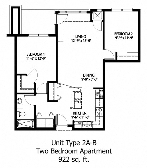 Two Bedroom floor plan at The Bluffs at Nine Mile Creek, Eden Prairie, MN