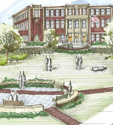 an artist's rendering of the new fountain and plaza in front of the building