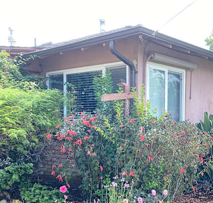 a house with a flower garden in front of it