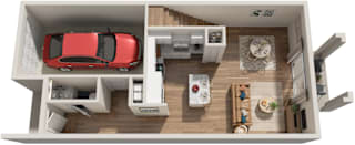 A red car is parked in a garage attached to a house.
