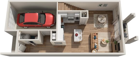 A red car is parked in a garage attached to a house.