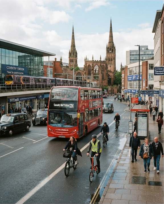 A red double-decker bus is driving down a street with people on bicycles and on foot.