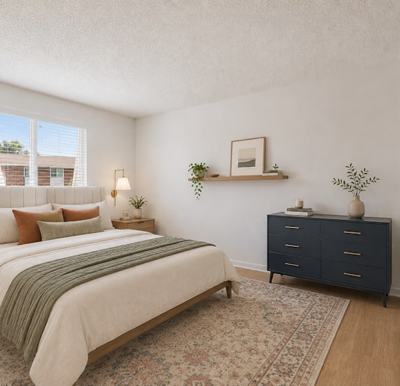 A bedroom with a bed, nightstand, and dresser.