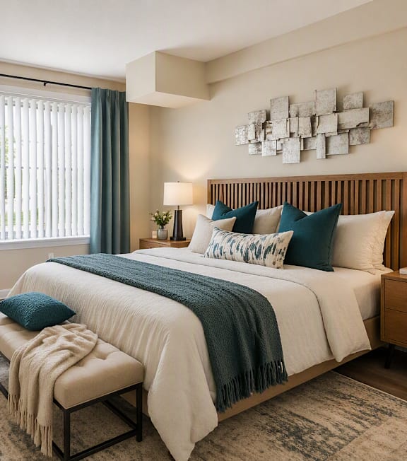 A bedroom with a large bed, a bench, and a mirror.
