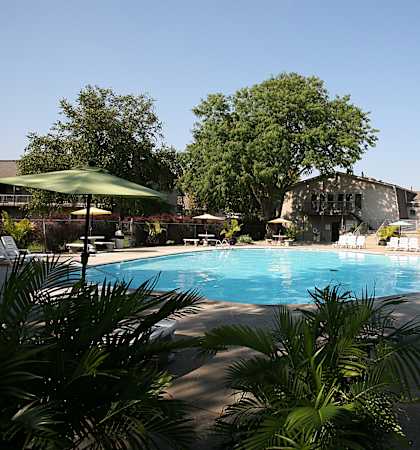 The refreshing pool area at Eden West Apartments, featuring lounge chairs and a serene environment.