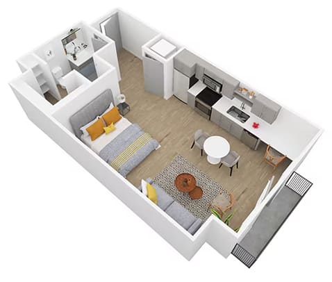 Floor Plan  A white floor plan of a small apartment with a kitchen, living room, and bathroom.