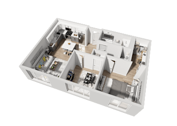 a 3d floor plan of a small apartment