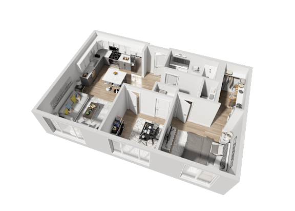 a 3d floor plan of a small apartment